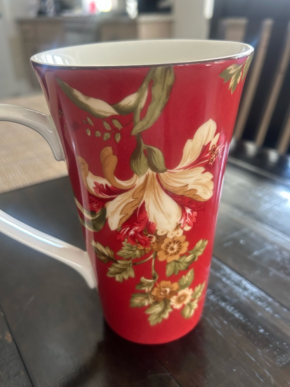 222 Fifth Red Floral Porcelain Mug with Cream and Green Accents